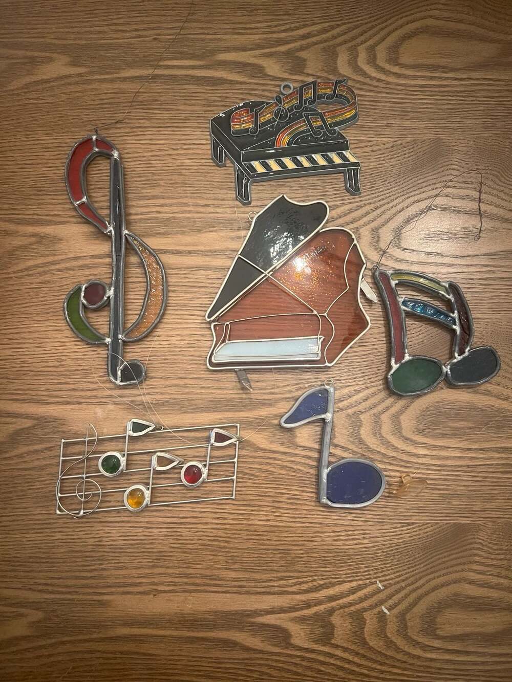 Set of 6 Vintage Stained Glass Musical Instrument and Note Suncatchers